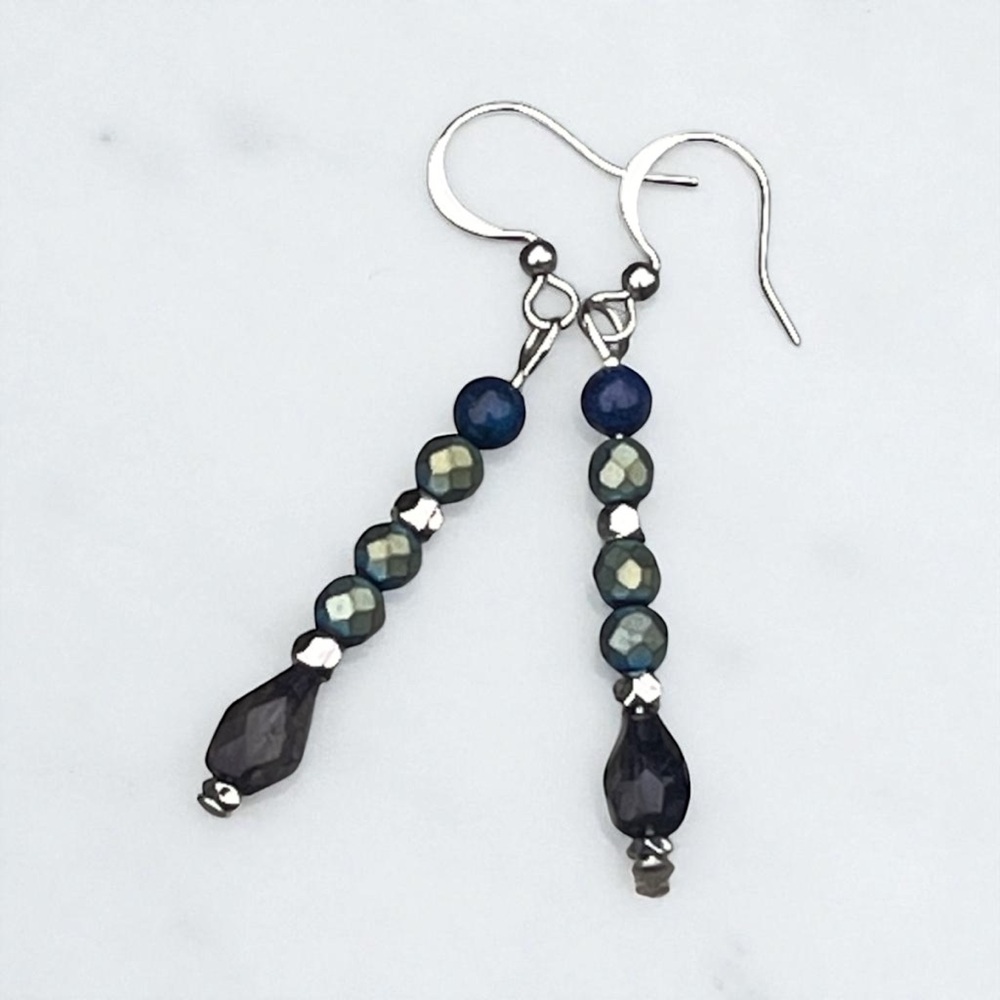 Handcrafted hematite, iolite & lapis Beaded Earrings - Picture 9 of 11